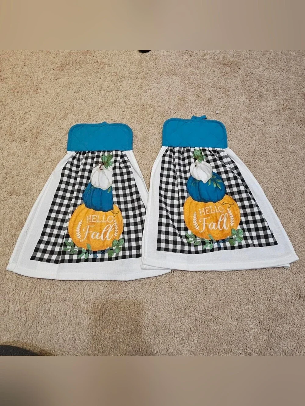 2 Handcrafted Potholders Attached To Towels | Teal, White + Black | Hello Fall